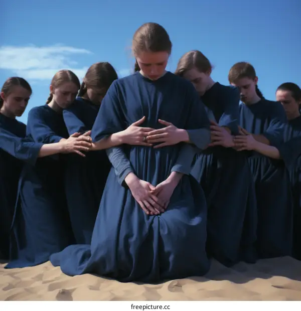 Young women in blue robes kneeling in the desert