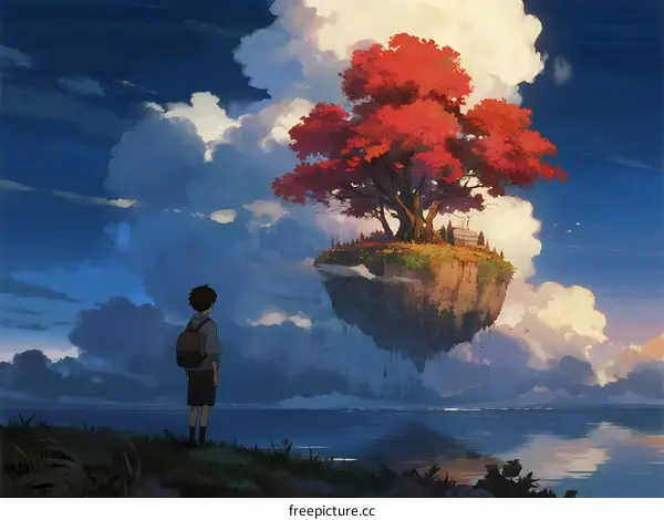 A Boy Standing on the Grass Looking at a Floating Red Tree Island