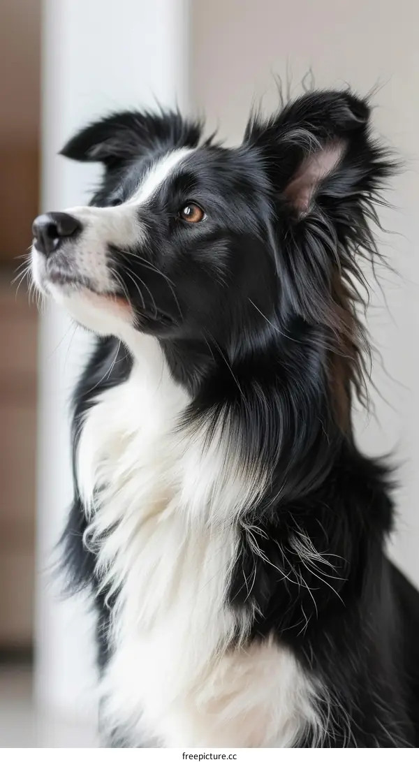 A Border Collie sits indoors and looks away from the camera