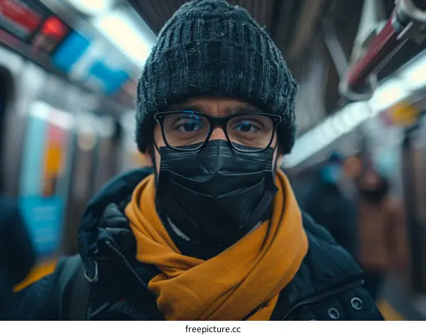 Man in black jacket, glasses and beanie wearing a black mask