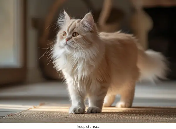A ginger cat is standing on the floor and looking away