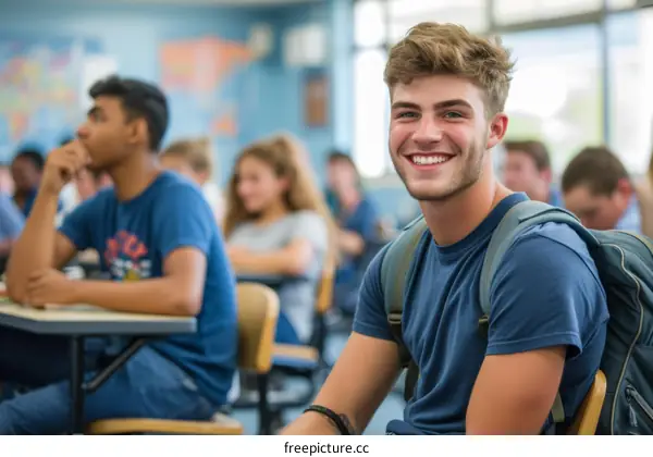 Portrait of a smiling Caucasian male student sitting in a classroom with other students in the background