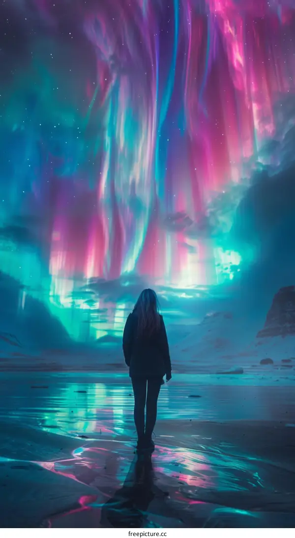 Woman Gazing at Mesmerizing Aurora Borealis over Frozen Lake