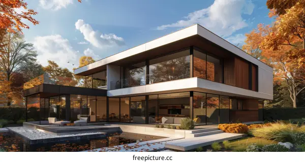 Modern Autumn House with Glass Windows and Pool Terrace