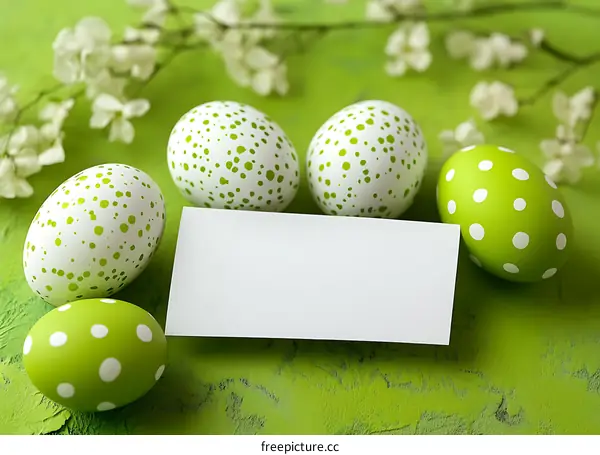Easter Eggs Decorated with Green and White Polka Dots on a Green Background