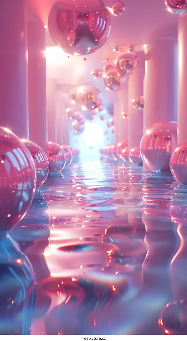 Pink and purple futuristic sci-fi corridor with reflective spheres