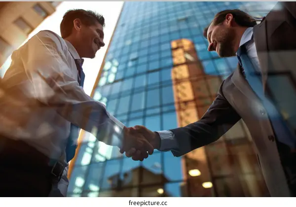 Two businessmen shaking hands with cityscape in the background