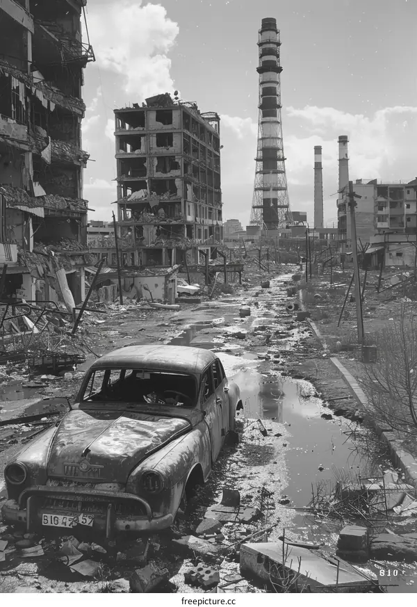 Post-apocalyptic city street with ruined buildings and abandoned car