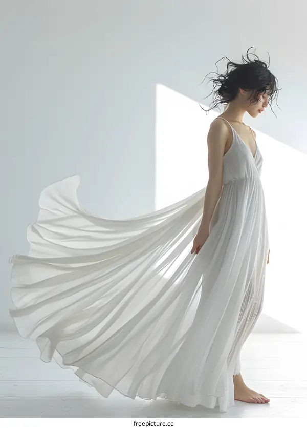 A woman in a white dress is dancing in a white room.