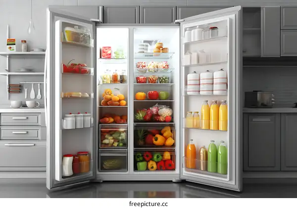 Full Modern Kitchen Refrigerator Filled with Food