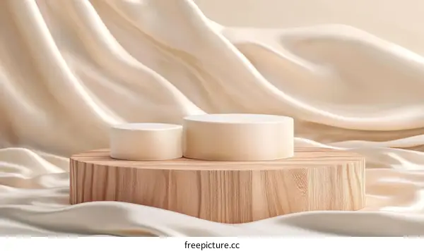 Elegant Cream Wooden Display Podium with Silk Drape