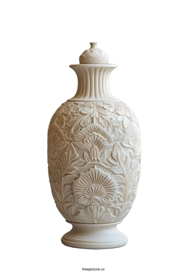 [Transparent Background PNG]White marble vase with intricate floral carvings