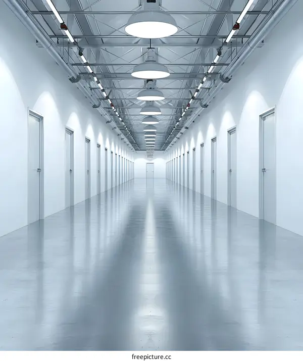 Long White Hallway with Doors and Lights