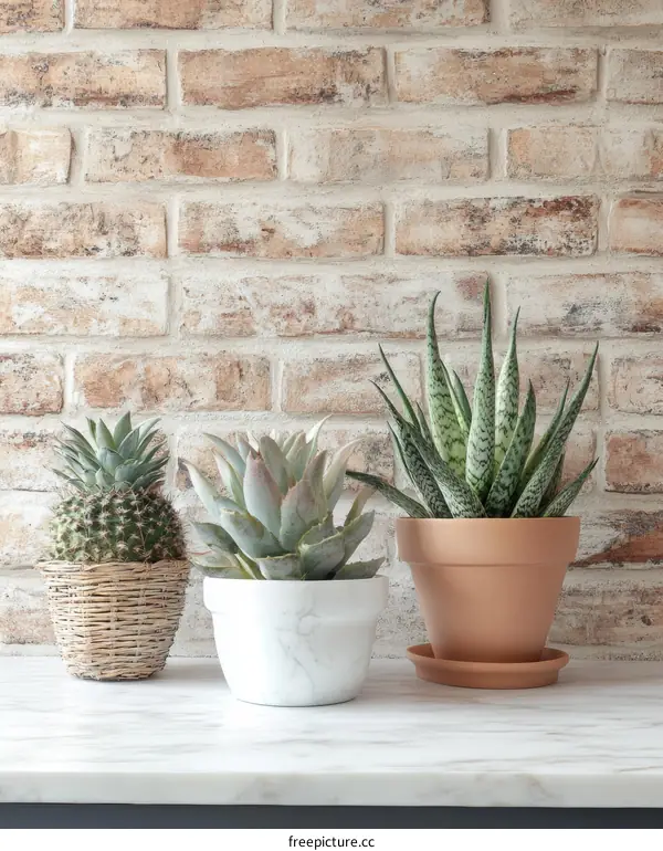 Three Succulents on a Marble Countertop by a Brick Wall