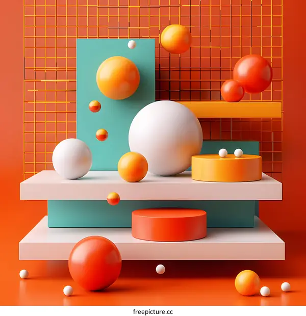 3d spheres and podiums on orange background