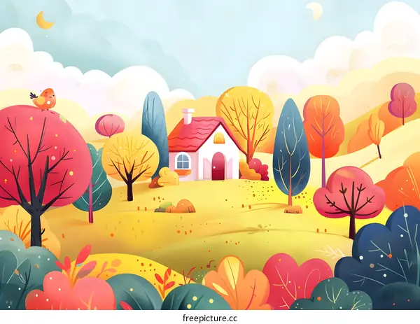 Autumn Landscape With Small House And Bird