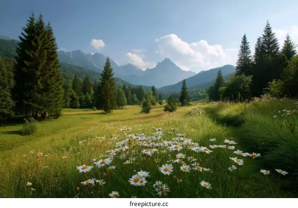 Picturesque Mountain Meadow with Daisies