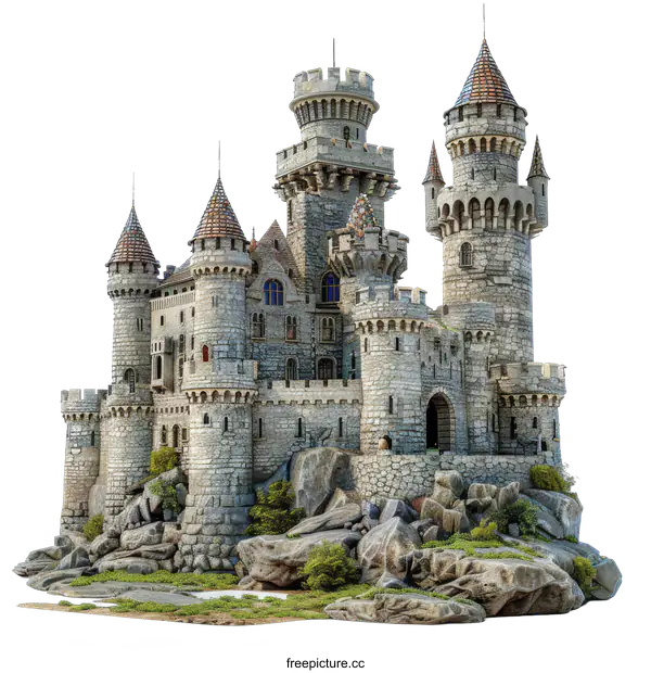 [Transparent Background PNG]Medieval Castle on a Rocky Outcrop