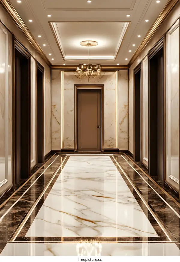 Luxury Hallway With Marble Floor And Golden Trim