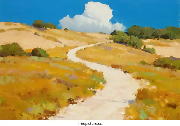A winding path through golden hills under a blue sky with a cloud
