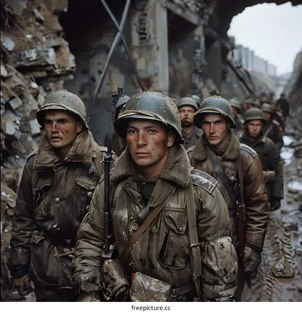 WWII soldiers marching through ruins