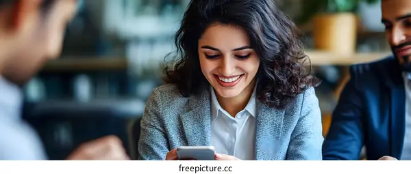 Smiling Woman Uses Smartphone While Sitting in Office