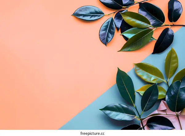 Green Leaves on Pastel Colored Background