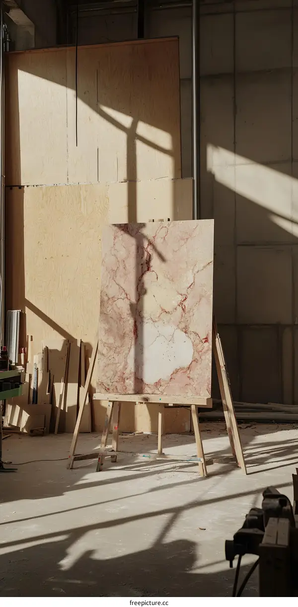 Pink Marble Slab On Wooden Sawhorses In A Workshop Setting