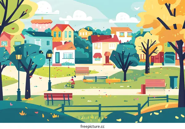Autumn Day in a Small Town Illustration