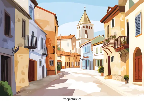 European City Street Illustration with Traditional Architecture