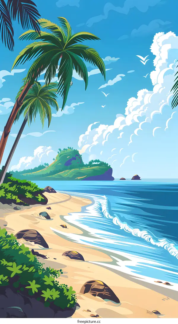 Tropical Beach Landscape Illustration with Palm Trees and Ocean