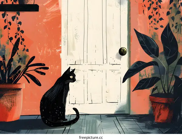 Black Cat Sitting By A Door With Plants