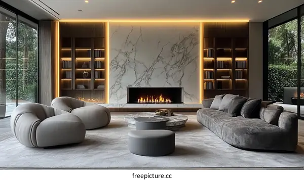 Modern Luxury Living Room Design with Marble Fireplace