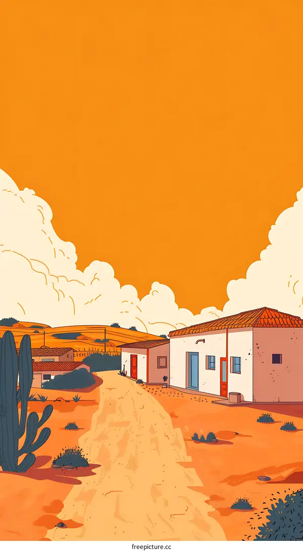 Countryside Landscape with White Houses and Orange Sky