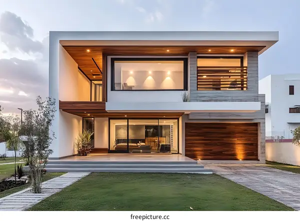 Modern House with Wooden Accents and Large Windows