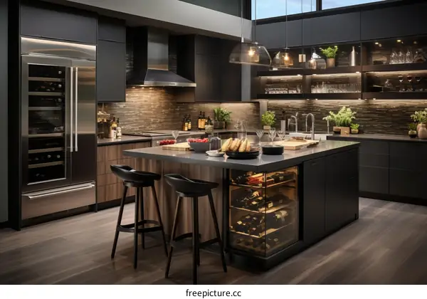 Black and wood luxury kitchen with marble countertops and stainless steel appliances