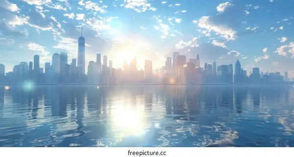 New York City Skyline with Iconic Landmarks and Sunlight on Water