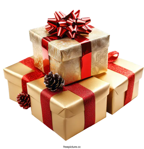 [Transparent Background PNG]Stacked Christmas Presents with Red Ribbons