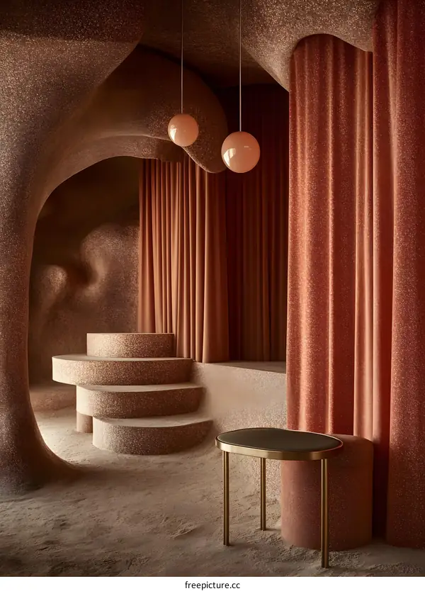 Interior Design with Curved Walls and Red Curtains