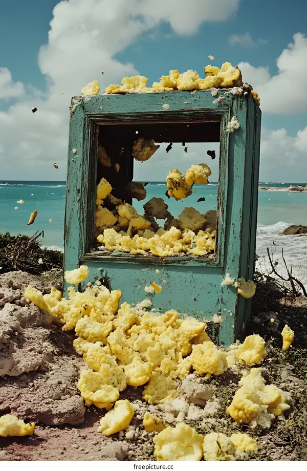 Yellow Fruit Explosion in a Wooden Frame Near the Sea