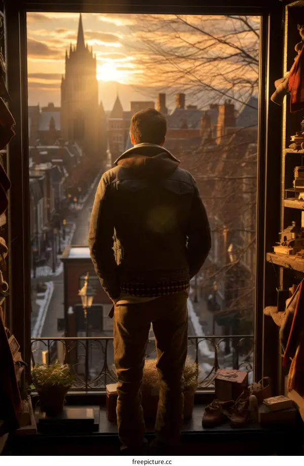 Man looking out at a city street from a window