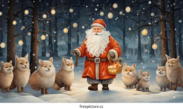 Santa Claus with Foxes in the Snowy Woods