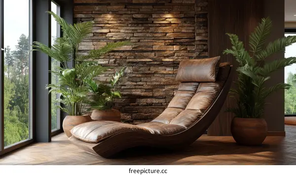 Modern Lounge Chair with Stone Wall and Plants