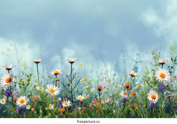 Close-up of a field of daisies and other wildflowers with a blurred background