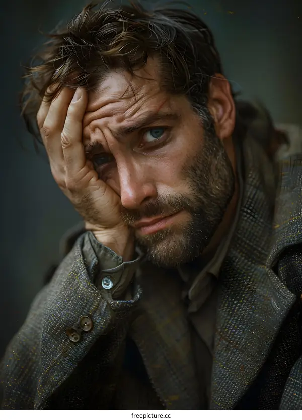 Portrait of a man with a beard and a hand on his head