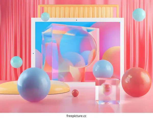 Abstract Colorful Geometric Shapes With Glass Cubes And Spheres On Pink Background