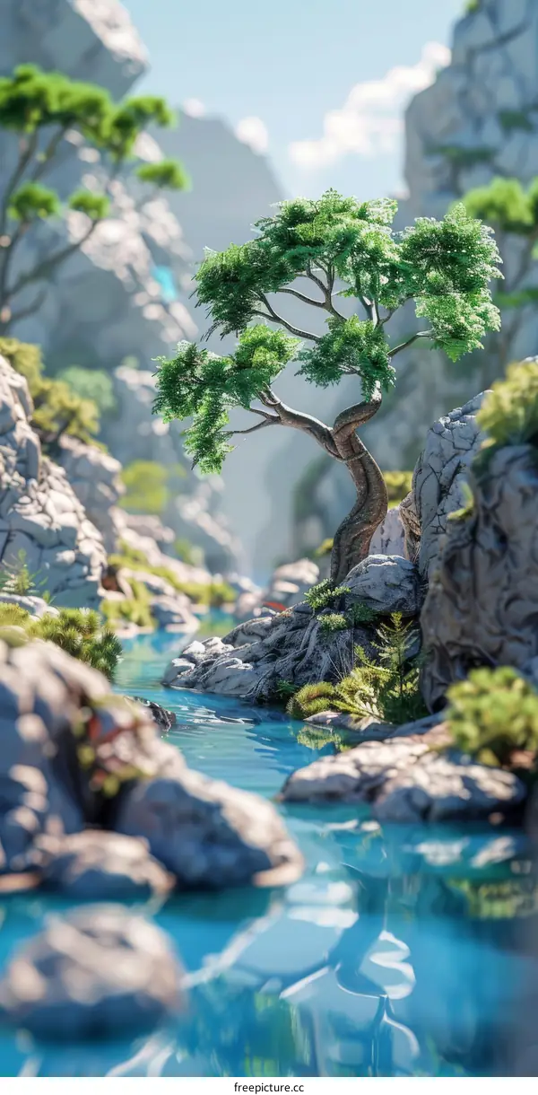 Miniature Bonsai Tree in Rocky River Landscape