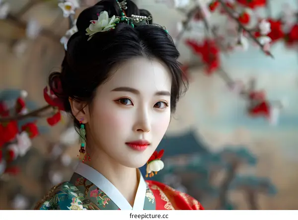 Portrait of a young Korean woman in traditional Korean dress