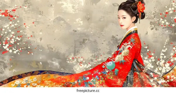 Asian Woman in Traditional Korean Hanbok Dress with Cherry Blossoms