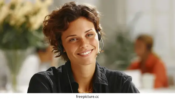 Smiling Caucasian Woman Wearing Headset in Office Setting